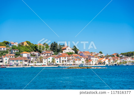 Panoramic wiew of Rogoznica town from blue Adriatic sea in Croatia Panoramic wiew of Rogoznica town from blue Adriatic sea in Croatia 117816377
