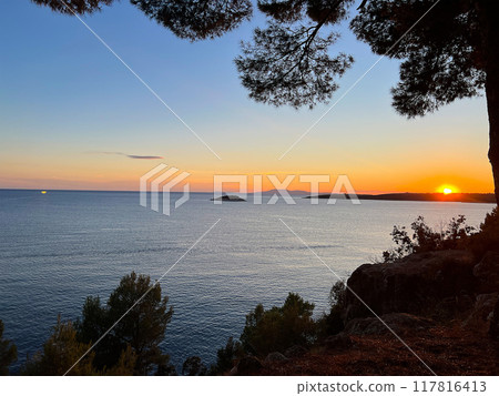 Shore in the bay of Uvala Gradina near the town of Vela Luka on the island of Korcula in Croatia 117816413