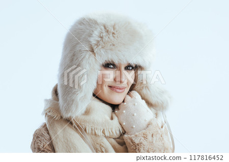 happy stylish woman touching face on white happy stylish woman touching face on white 117816452