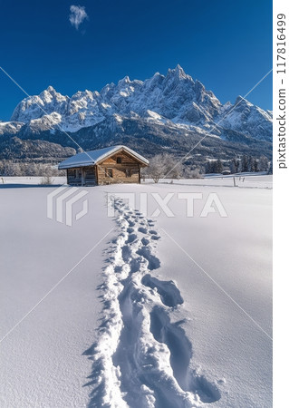 Footprints lead to a secluded cabin in snowy mountains on a clear winter day 117816499