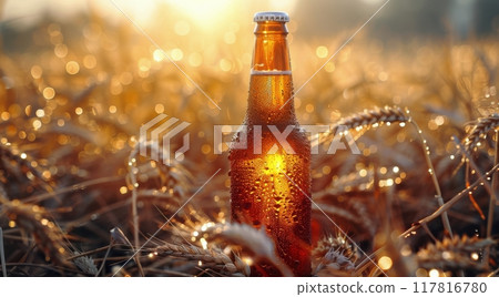 A Bottle of Beer in a Golden Wheat Field at Sunset 117816780