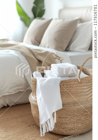 Cozy Bedroom With Laundry Basket by Bed in Modern Apartment Setting 117816781