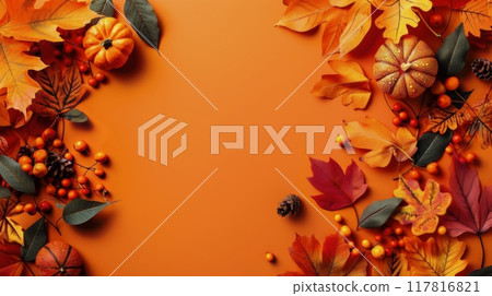 Fall Leaves and Pumpkins on Orange Background 117816821
