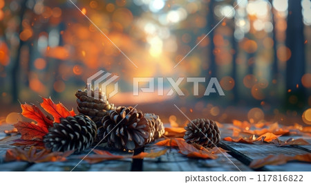 Pine Cones and Autumn Leaves on a Wooden Table in a Forest 117816822