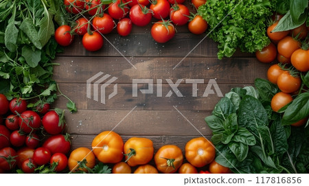 Freshly Harvested Tomatoes and Herbs on a Rustic Tabletop 117816856