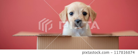 Cute Puppy Peeking Over a Cardboard Box Against a Red Background 117816874