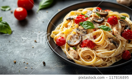 Creamy fettuccine with chicken and mushrooms served on a black plate 117816895