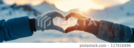 Heart Shape Made With Gloves in Snowy Mountains 117816896