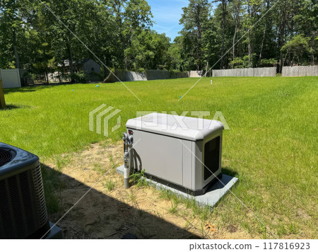 Installed standby generator using natural gas propane for residential use in backyard 117816923