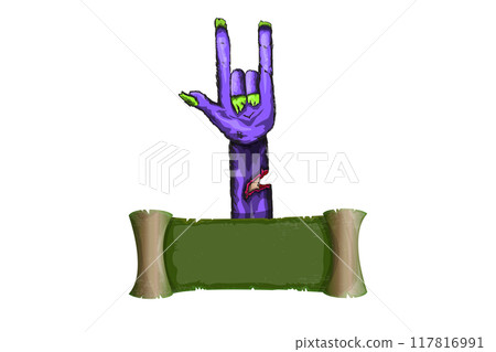 vector violet cartoon Zombie rock n roll hand isolated on white background with space for text . vector Zombie party halloween background or horizontal heavy metal poster design template vector violet cartoon Zombie rock n roll hand isolated on white background with space for text . vector Zombie party halloween background or horizontal heavy metal poster design template 117816991