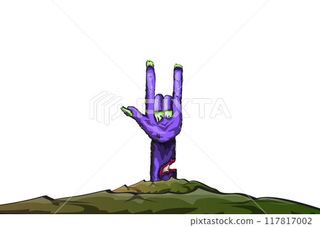 vector violet cartoon Zombie rock n roll hand isolated on white background with space for text . vector Zombie party halloween background or horizontal heavy metal poster design template vector violet cartoon Zombie rock n roll hand isolated on white background with space for text . vector Zombie party halloween background or horizontal heavy metal poster design template 117817002