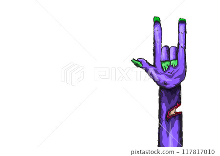 vector violet cartoon Zombie rock n roll hand isolated on white background with space for text . vector Zombie party halloween background or horizontal heavy metal poster design template vector violet cartoon Zombie rock n roll hand isolated on white background with space for text . vector Zombie party halloween background or horizontal heavy metal poster design template 117817010