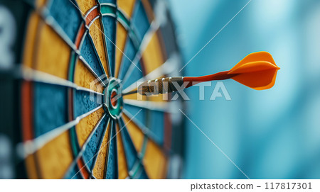 Precision Dart Throw Aimed at the Center of Brightly Colored Target. Generative AI 117817301