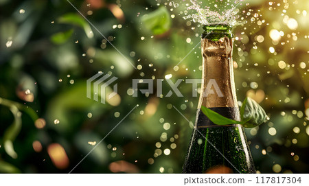 Sparkling wine bottle erupts with splashes on blurred green background. Generative AI Sparkling wine bottle erupts with splashes on blurred green background. Generative AI 117817304