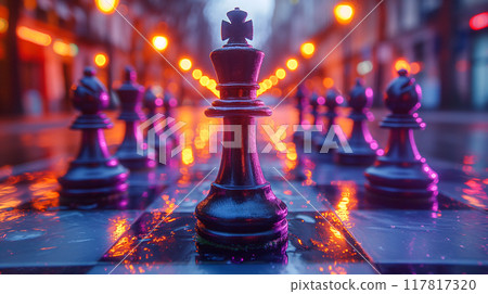 Close-up of chess queen with pawns on neon urban chessboard background at dusk. Generative AI 117817320