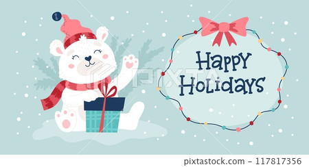 Polar bear Christmas card, cute character wearing hat and scarf holding present. Hand drawn lettering. Vector illustration 117817356