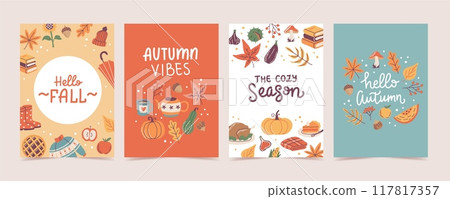 Autumn covers or cards set. Hand drawn calligraphy and cute seasonal elements. Vector illustration templates Autumn covers or cards set. Hand drawn calligraphy and cute seasonal elements. Vector illustration templates 117817357