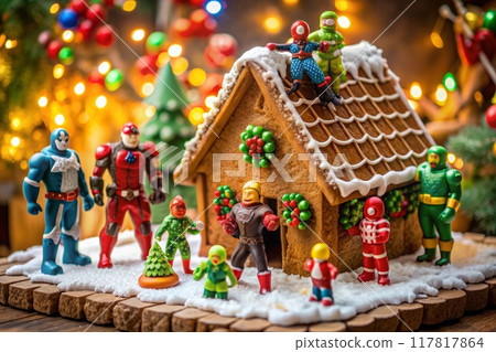 gingerbread house with fairy tale characters figures nearby 117817864