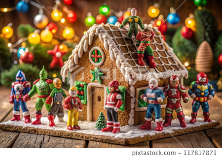 gingerbread house with fairy tale characters figures nearby 117817871