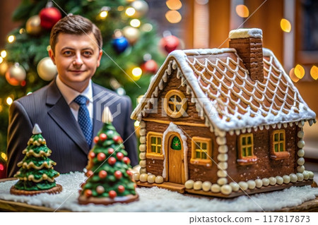 gingerbread house next to man in suit and tie 117817873