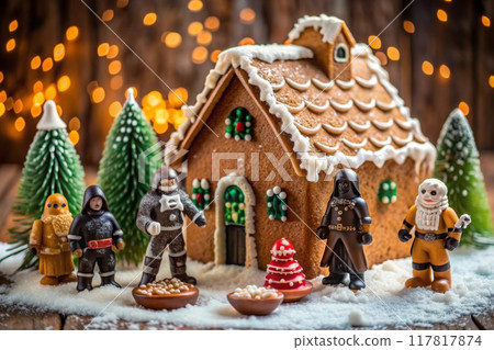 gingerbread house with fairy tale characters figures nearby 117817874