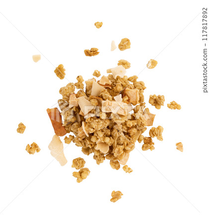 heap of muesli or crunchy granola isolated on white 117817892