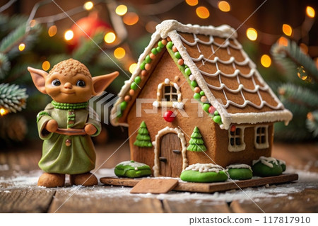 gingerbread house with fairy tale characters figures nearby gingerbread house with fairy tale characters figures nearby 117817910