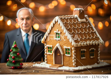 gingerbread house next to man in suit and tie 117817926