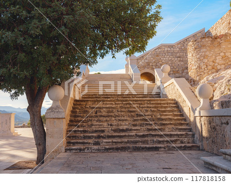Architectural ruins of a medieval castle in Denia, Costa Blanca, Historische Altstadt. Alicante province Spain 117818158