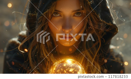 Halloween, the spookiest day of the year. A beautiful female sorceress with brown hair wearing black hooded robes holding a glowing orb of fire, full body portrait, 117818233