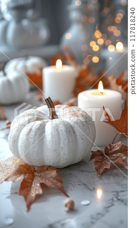 Thanksgiving and Harvest Festival. White pumpkins and autumn leaves, space for text, minimalistic style with soft pastel colors and simple composition create elegant, clean look with autumnal theme. 117818240