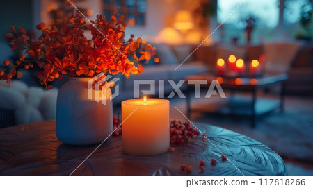 Thanksgiving and Harvest Festival. A detailed image of a cozy living room adorned with warm Thanksgiving lighting, creating a welcoming and inviting atmosphere for holiday. Thanksgiving and Harvest Festival. A detailed image of a cozy living room adorned with warm Thanksgiving lighting, creating a welcoming and inviting atmosphere for holiday. 117818266