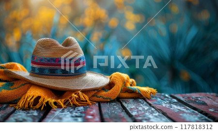 Hispanic Heritage Month . Photo of A sombrero and colorful poncho on an old wooden table with copy space. Web banner with copyspace on the right 117818312