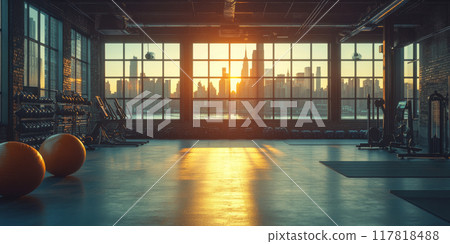 Generative ai illustration of a high-end large gym room with windows 117818488