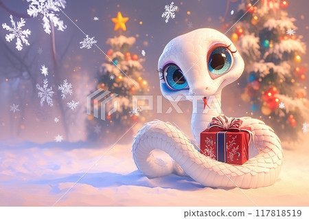 A white snake is holding a red box with a bow on it. The scene is set in a snowy environment with two Christmas trees in the background. Scene is festive and playful 117818519