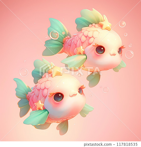 Pisces Zodiac Sign Two fish with stars on their heads are swimming in a blue ocean. The fish are colorful and cute, and they seem to be enjoying their time in the water 117818535
