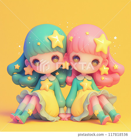 Zodiac sign Gemini Two girls with pink and green hair and green and pink clothes. They are holding hands and have stars on their hair 117818536