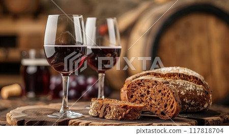 Two Glasses of Red Wine With Freshly Baked Bread on a Wooden Surface Two Glasses of Red Wine With Freshly Baked Bread on a Wooden Surface 117818704