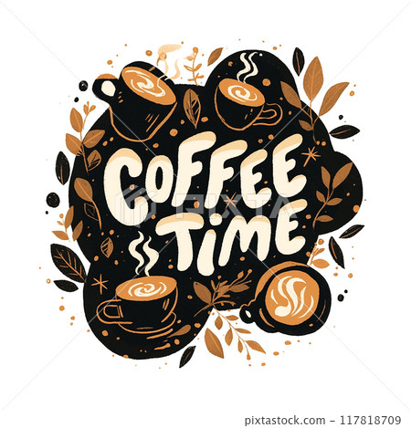 Coffee time is a coffee shop logo. It has a cup and a coffee mug on it. The logo is black and white 117818709