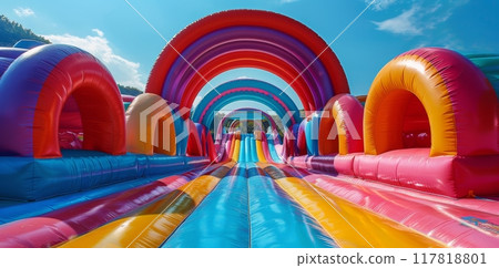 Colorful Inflatable Slide Tunnel at Amusement Park 117818801