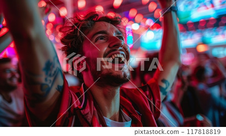 Man Laughing With Glasses and Beard in a Nighttime City Setting 117818819