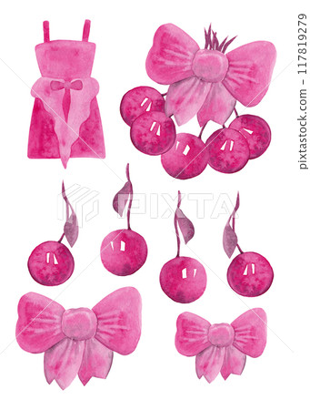 Lifestyle of young girl. Silk pink bow, dress and cherry. Bright set of isolated elements for birthday, Christmas, women's day. Silhouette watercolor. Modern style Lifestyle of young girl. Silk pink bow, dress and cherry. Bright set of isolated elements for birthday, Christmas, women's day. Silhouette watercolor. Modern style 117819279
