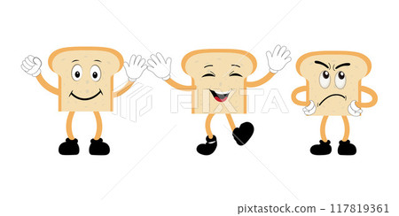Happy Bread Slice Cartoon Mascot Character, Funny Sandwich Cartoon Vintage Bread Character Style Bread Logo Vector Illustration 117819361