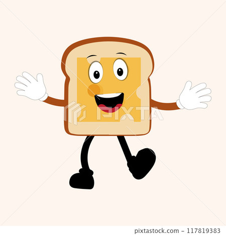 Happy Bread Slice Cartoon Mascot Character, Funny Sandwich Cartoon Vintage Bread Character Style Bread Logo Vector Illustration 117819383