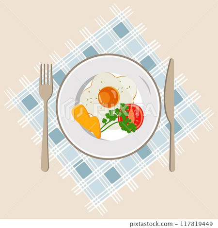 Fried egg on plate from above vector graphics, Various eggs. Different English breakfasts, Vector illustration in cartoon style. Fried eggs with bacon Fried egg on plate from above vector graphics, Various eggs. Different English breakfasts, Vector illustration in cartoon style. Fried eggs with bacon 117819449