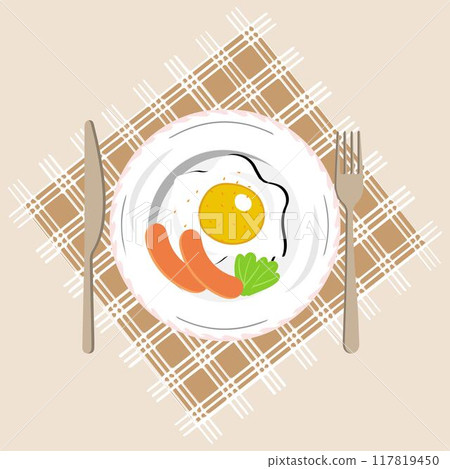 Fried egg on plate from above vector graphics, Various eggs. Different English breakfasts, Vector illustration in cartoon style. Fried eggs with bacon Fried egg on plate from above vector graphics, Various eggs. Different English breakfasts, Vector illustration in cartoon style. Fried eggs with bacon 117819450