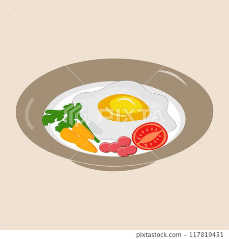 Fried egg on plate from above vector graphics, Various eggs. Different English breakfasts, Vector illustration in cartoon style. Fried eggs with bacon 117819451