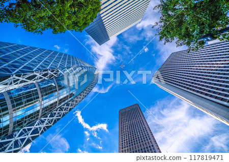 Tokyo cityscape in Japan, with views of airplanes, Tokyo Mode Gakuen Cocoon Tower, Sompo Japan, etc. = August 20th 117819471