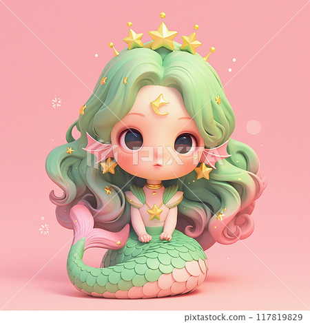 Zodiac sign Aquarius A cartoon mermaid with a crown of stars on her head. She is sitting on a pink background Zodiac sign Aquarius A cartoon mermaid with a crown of stars on her head. She is sitting on a pink background 117819829
