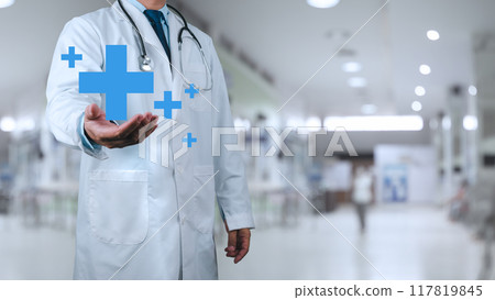 Doctor in white coat holding plus sign for assurance healthcare insurance symbol concept, Medical check up concept, Insurance concept, Concept for commercial business, Concept of treating disease. 117819845